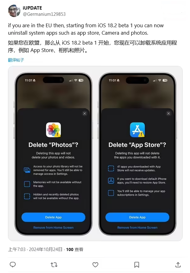 怀远苹果手机维修分享iOS 18.2 支持删除 App Store 应用商店 