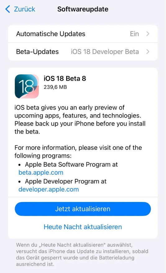 怀远苹果手机维修分享苹果 iOS / iPadOS 18 开发者预览版 Beta 8 发布 